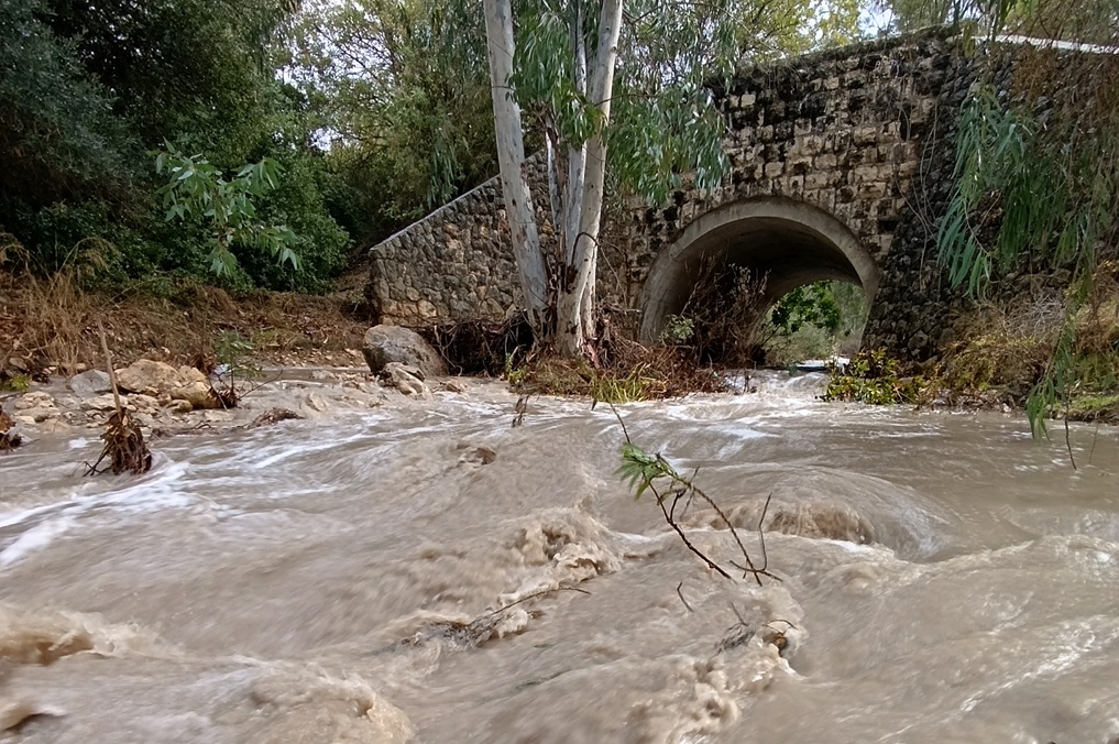 נחל רפאים בשיטפון - הנחל בזרימת שיטפון בגשר רפאים