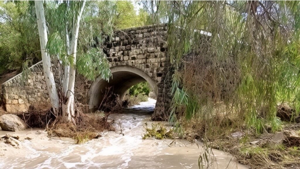נחל רפאים מתעורר: גשר נחל רפאים בשיטפון סמוך למפגש נחל רפאים עם נחל שורק. צילום: ערן גל אור
