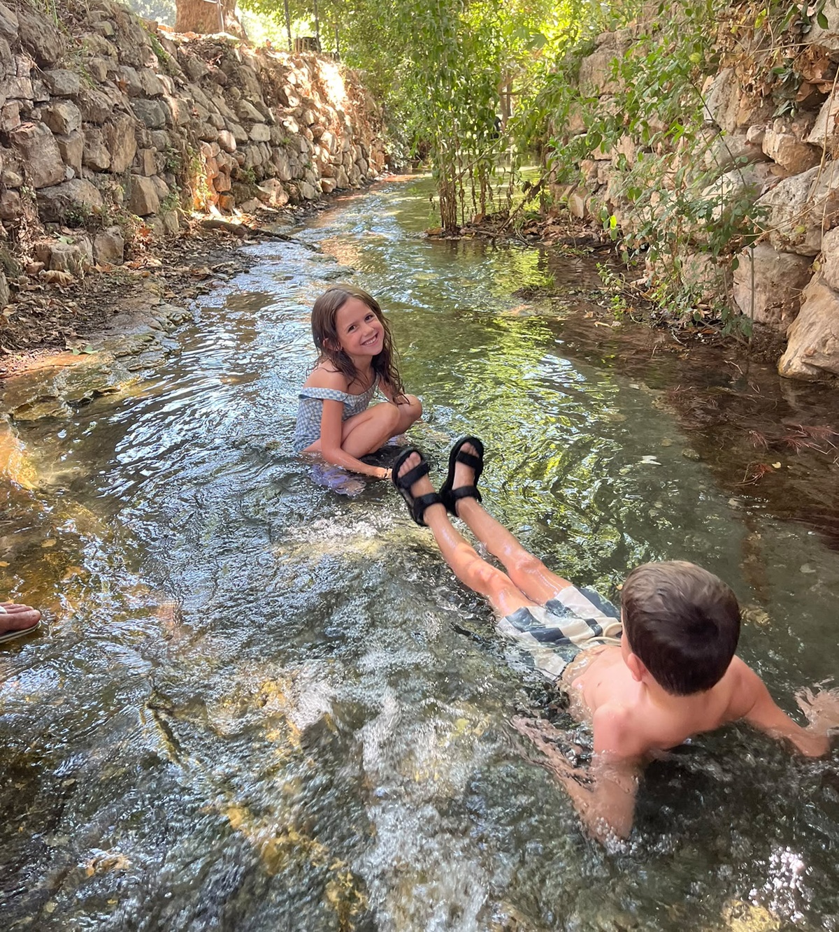 ילדים משכשיכים בכיף במים רדודים ומוצלים בנחל